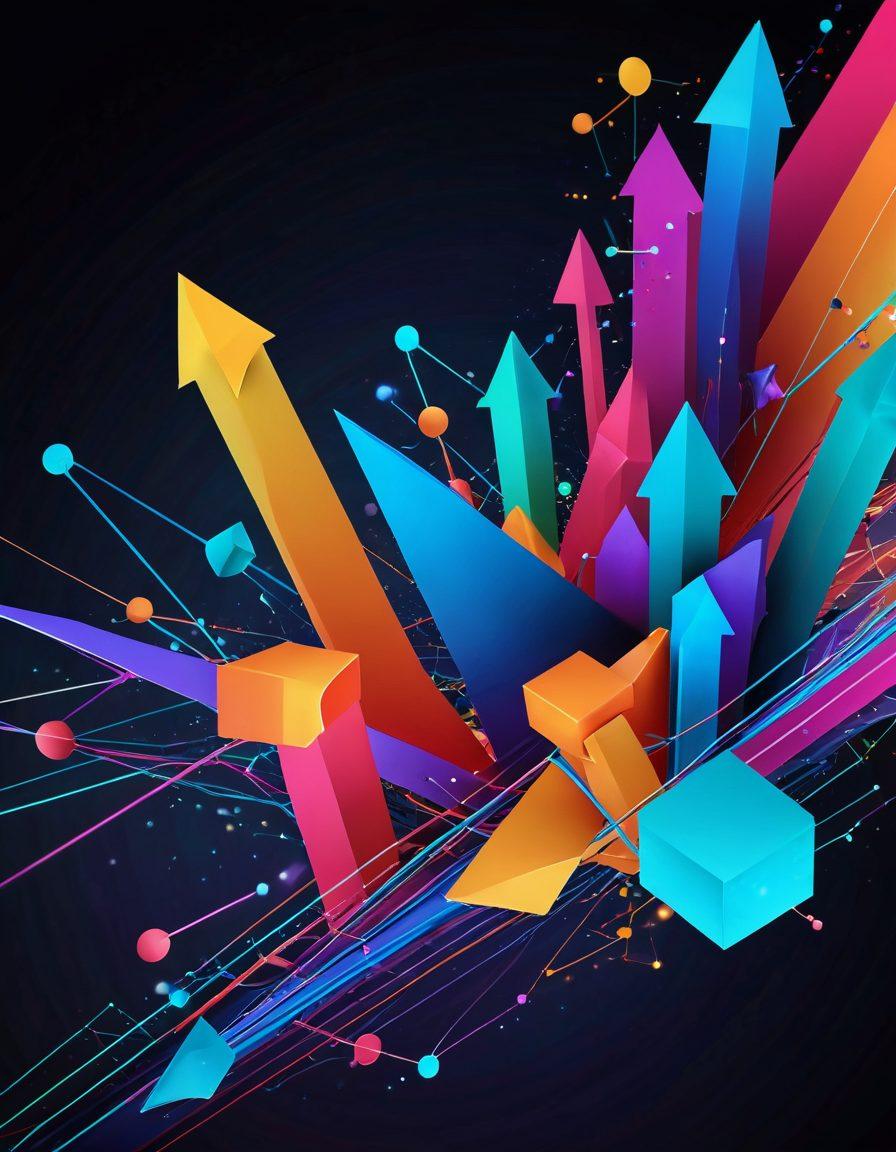 A dynamic and intricate graph structure made of interconnected nodes and edges, visualizing complex data flows. Incorporate colorful arrows illustrating data transformation, surrounded by abstract representations of data points and charts. The background should be a sleek digital interface with soft gradients. Create an atmosphere of innovation and efficiency. 3D. vibrant colors.