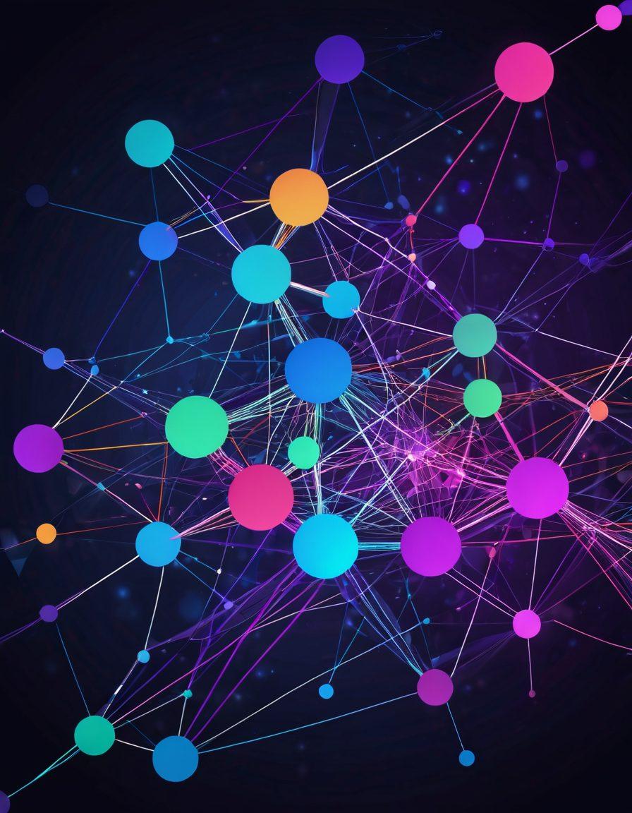 A vivid representation of a directed acyclic graph (DAG) with colorful nodes and interconnected edges, showcasing the flow of data aggregation. Include abstract data visualization elements like charts and graphs emerging from the nodes, symbolizing enhanced efficiency. The background should be a blend of deep blues and purples to create a techy atmosphere. Infuse an air of innovation and mastery with a futuristic touch. super-realistic. vibrant colors.
