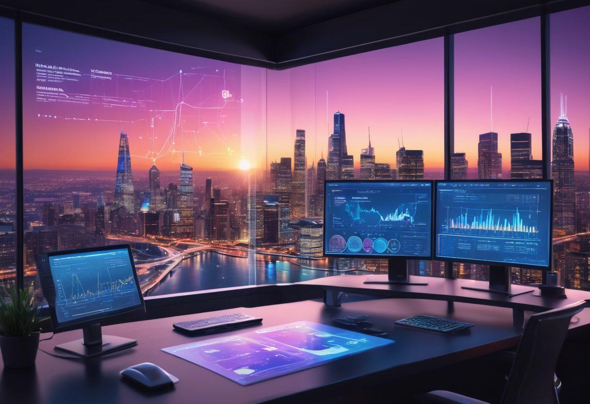 A sleek, futuristic digital workspace filled with dynamic graphs and colorful flowcharts showcasing data aggregation techniques. Include glowing directed acyclic graphs (DAGs) elegantly connecting various data sources, symbolizing efficiency and advanced analysis. The background should feature a tech-inspired cityscape with a vibrant sunset, illustrating progress and innovation in data science. hyper-realistic. vibrant colors. digital art.